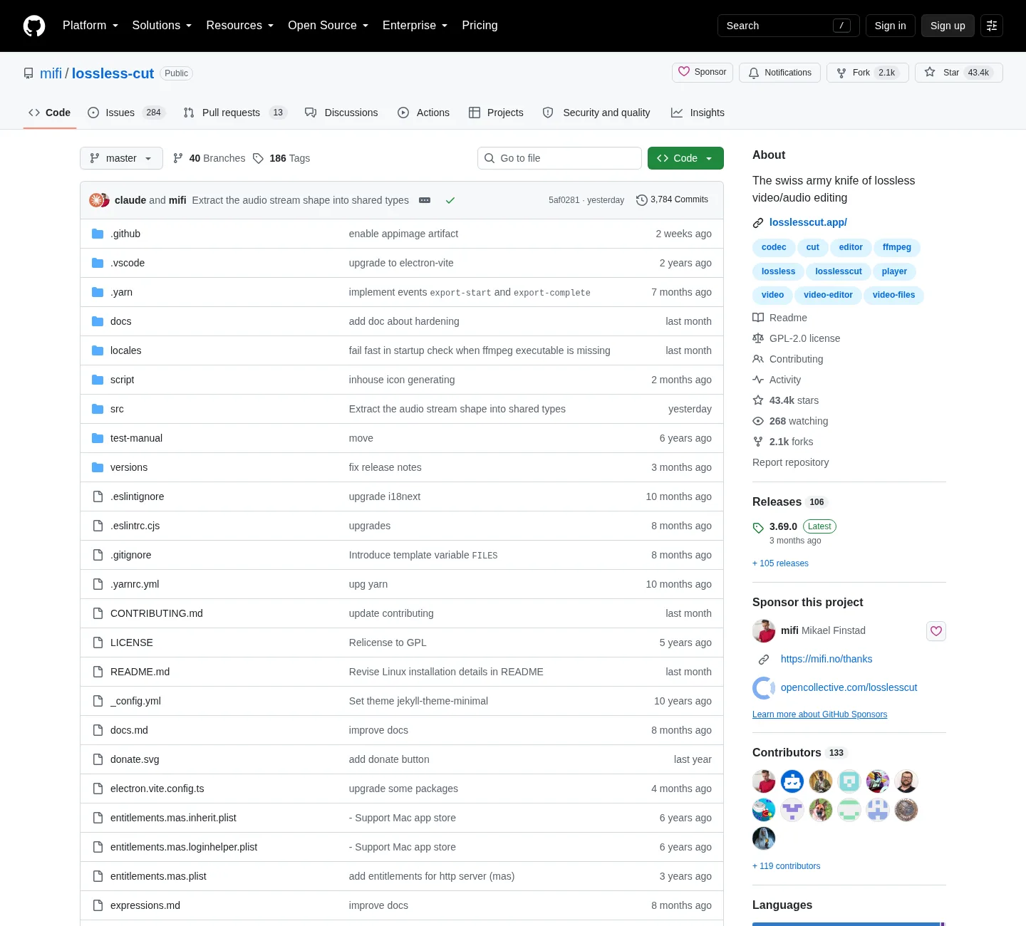 GitHub repository page for mifi/lossless-cut with the source tree on master, the About panel (swiss army knife of lossless video/audio editing), losslesscut.app, GPL-2.0 license, and star/fork counts.