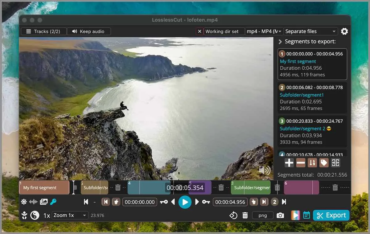Official LosslessCut README screenshot of the dark desktop window titled LosslessCut - lofoten.mp4: a video preview of a person on a coastal cliff, a right-hand Segments to export list with colored time ranges, a matching colored timeline, playback controls, and a blue Export button.